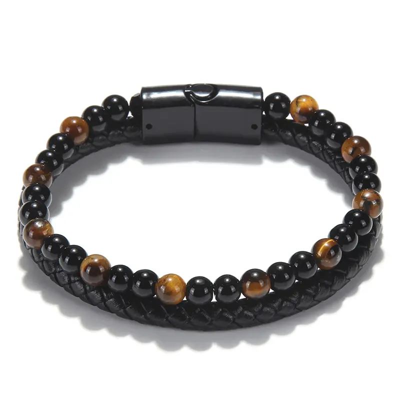 Magnetic Buckle Leather Braided with Gemstone Beads Bracelet Double Layers Bracelet Men Jewelry Gifts