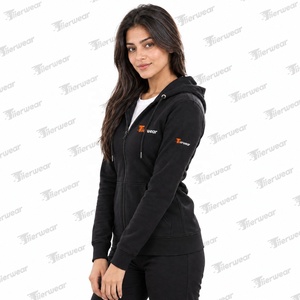 tiierwear <b>Women's</b> <b>Black</b> Full-Zip Hoodie <b>Fleece</b> Solid Color Front Logo Regular Fit Autumn Wear - Product Image 3