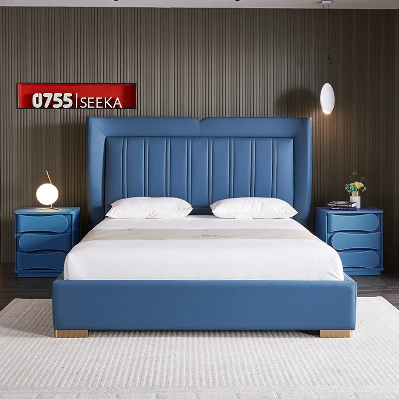 Headboard besar, tempat tidur ganda kustom Stainless Steel kulit mewah Set furnitur kamar tidur Modern