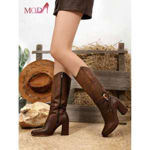 Bottes mi-mollet pour femmes en cuir microfibre, talon de 7 cm, décoration à boucle, style vacances - Product Image 1