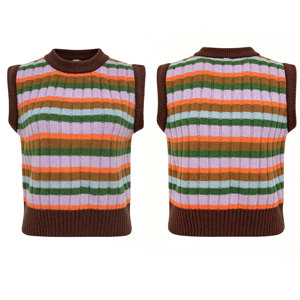 Gilet pull pour femme, motif rayé arc-en-ciel, col rond, tricoté à la machine, coupe ajustée courte, confortable pour le quotidien - Product Image 3