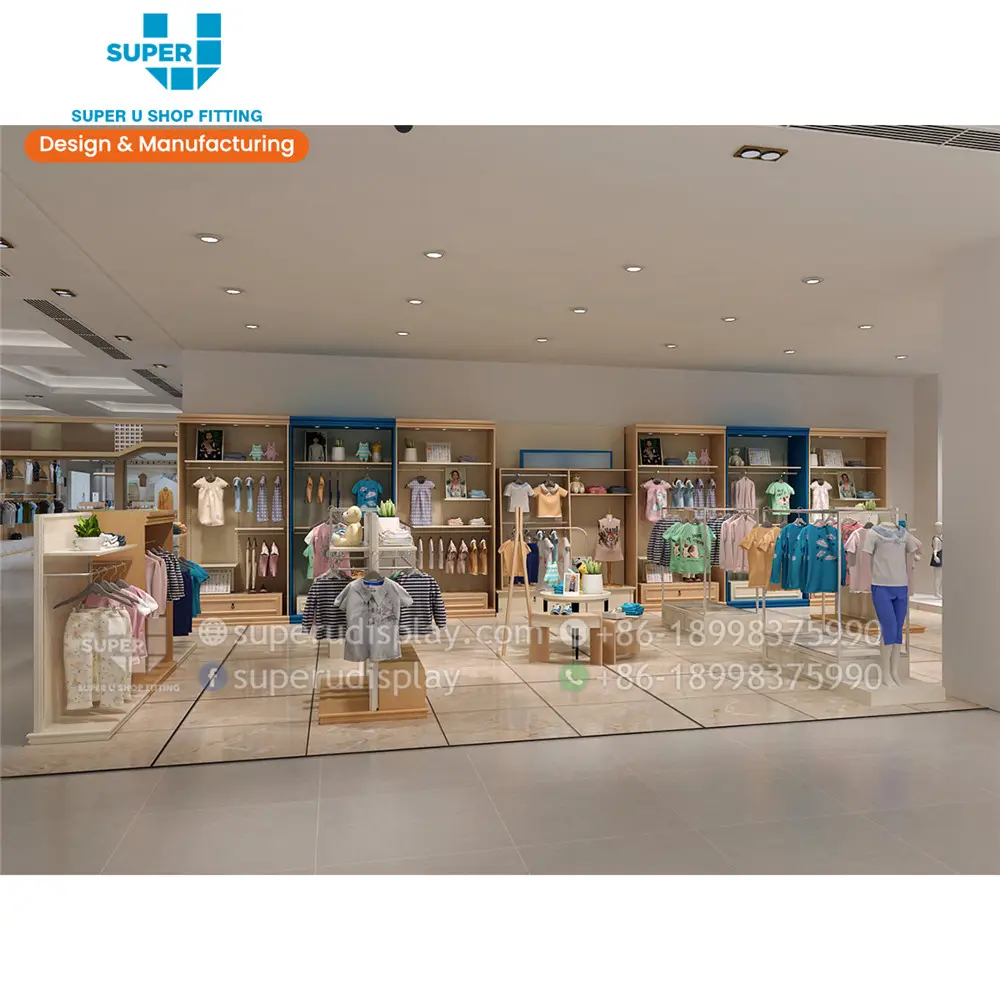 Tienda de ropa de bebé con diseño 3d, expositor de diseño de tienda de ropa de bebé, Boutique, Ideas de decoración