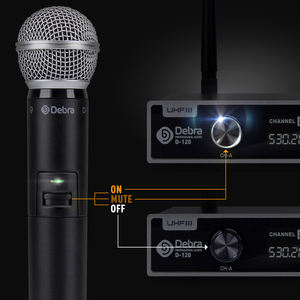 Système de microphone sans fil UHF Debra Audio D-120, micro-casque/micro-cravate, réduction de bruit, lumières LED, métal, OEM, KTV - Product Image 3
