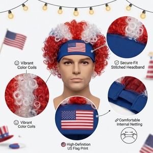 Perruque bouclée patriotique rouge, blanc et bleu, style afro, pour fête, fête de l'indépendance, costume de festival, pour adultes - Product Image 6