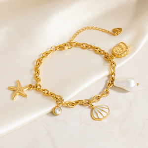 Ocean Theme Seashell Charm <b>Bracelet</b> For Women 18k Gold Plated Titanium Steel Jewelry Starfish Pearl Pendant Vacation Style - Product Image 3