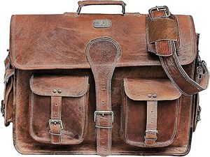 16 Inch Genuine <b>Leather</b> Vintage Messenger Laptop <b>Briefcase</b> Handmade Computer Shoulder Bag for Men and Women Office Business Work - Product Image 5