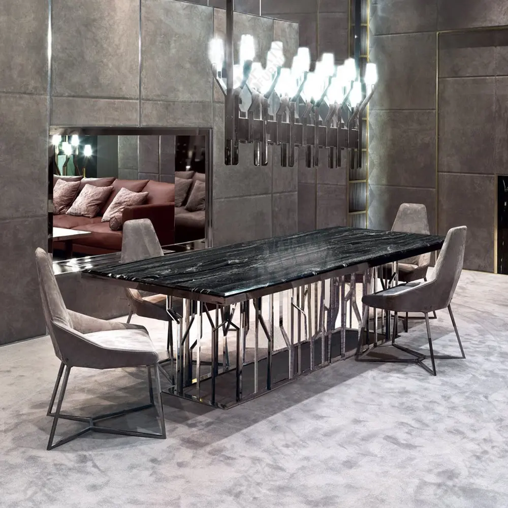 Modern altın paslanmaz çelik yemek odası mobilyası dikdörtgen lüks 6 8 10 12 kişilik mermer masa yemek masası seti yemek masaları