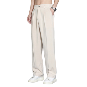 Pantalon décontracté pour homme en soie glacée d'été, taille mi-haute, devant plat, coupe large, jambe droite, ample, avec tissu peigné anti-boulochage, braguette à fermeture éclair - Product Image 2