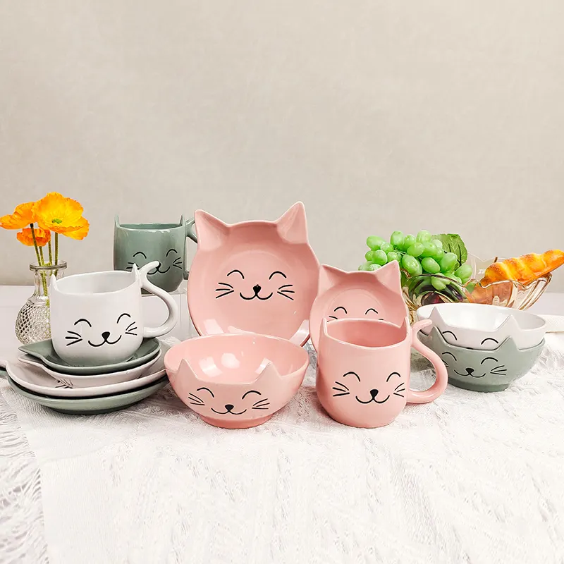Lindos gatos niños/niños juegos de vajilla de cerámica platos cuencos con taza juego de cena