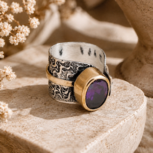 Anello Bicolore con Cristallo Viola Stile Vintage Regolabile per Donne - Product Image 1