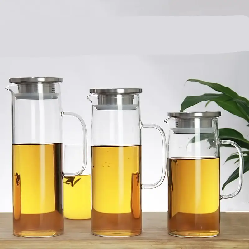 Cold Water Tea Milk Juice Carafe Pitcher Jug Large Capacity Glass mit Handle Spout Bamboo Stainless Steel Lid 5 - 7 Days 100pcs