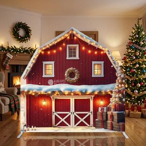 7x7ft Nostalgischer Weihnachts-Hintergrund mit rotem Scheunenmotiv, 32mm Hochleistungs-Aluminium-Pentagonaler Bogen, Festtags-Fotobox-Hintergrundständer - Product Image 3