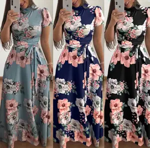 Women Summer Casual Long Dress Boho Floral Print Maxi Dress Turtleneck Bandage Elegant Dresses