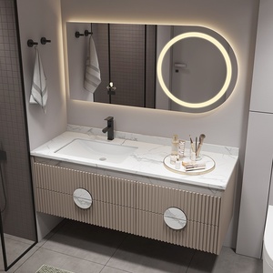 Ensemble de coiffeuse en bois massif, avec miroir à éclairage intelligent et évier en <span class=keywords><strong>fonte</strong></span> - Product Image 1