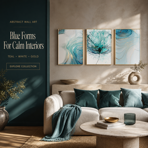 Stampa d'Arte Astratta Teal White Still Life su Tre Pannelli, Immagine a Colori Fluidi per Soggiorno, Hotel, Interni Moderni - Product Image 1