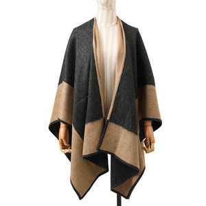 Autumn Winter Mid Length Poncho <b>Cape</b>, Reversible Color Block Jacquard <b>Wool</b> Banquet Shawl Factory Bulk Wholesale - Product Image 5