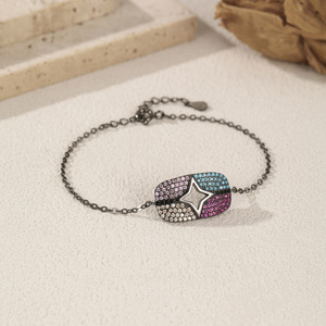 S925 Silver Trendy Star Pattern <b>Bracelet</b> With Crystal Rhinestones Black Rhodium Plated Chain Link Women's Everyday Wear - Product Image 4