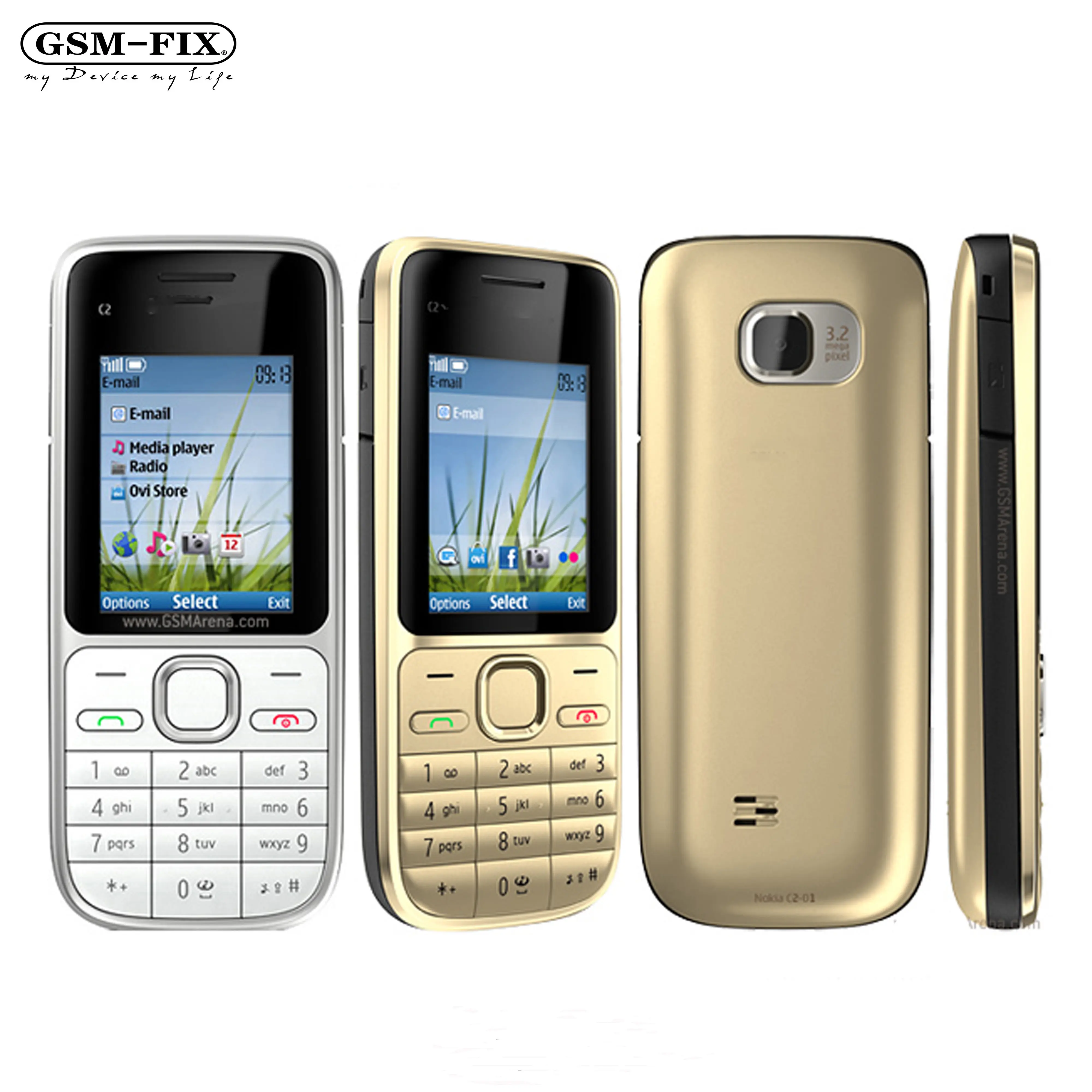 Nokia C2 GSM-FIX 3.2MP 2.0 "英語/ロシア語/ヘブライ語キーボードシングルコアブラック/ゴールド2G3G携帯電話用にC2-01オリジナルロック解除