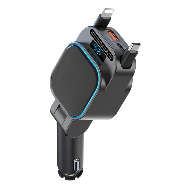 4-in-1 Retractable Car Charger 96W PD BT 5.3 Fm Emitter Car Charger with 2 Retractable Mobile Phone Cables