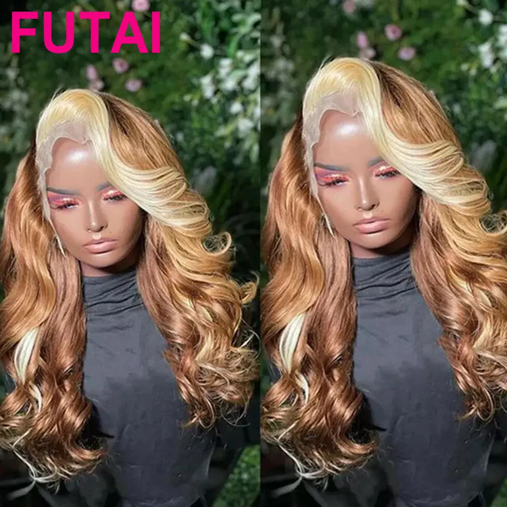 Venta caliente Highlight Brown Virgin Human Frontal Pelucas Human Brown Peluca con Rubio Highlight Body Wave Lace Wig