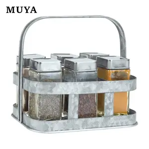 6 Compartiment Gegalvaniseerd Zilver Metalen Draagbare Outdoor Tafel Spice Kruiderij Houder Opslag Caddy Met Handvat
