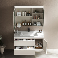 Meuble-lavabo mural en acier inoxydable avec panneau PVC, miroir LED mat blanc chaud, tiroir gauche, porte droite, rangement pour hôtel