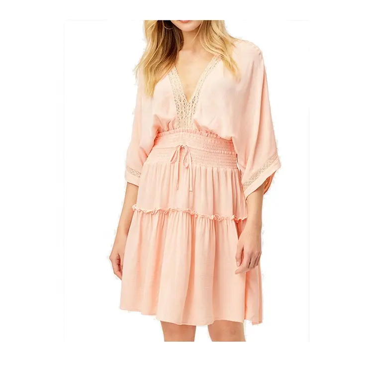 vestido robes Pink Panelled lace V-neck bohemian casual mini dress