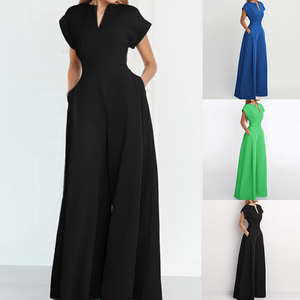 Tuta <span class=keywords><strong>Elegante</strong></span> da <span class=keywords><strong>Donna</strong></span> Personalizzata all'Ingrosso, Monocolore con Vita Stretta e Scollo a V, Gamba Larga - Product Image 2