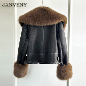 JANVENY 2024 inverno grande cappotto in pelliccia di volpe sintetica con pelliccia di montone da <span class=keywords><strong>donna</strong></span> in pelliccia di agnello con polsino giacca corta in pelle sintetica - Product Image 3