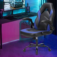 Silla de Juego de Cuero PU Negra y Azul, Ergonómica, Ajustable, Giratoria, Estilo Racing, Silla de Oficina para Computadora con Reposabrazos Abatibles