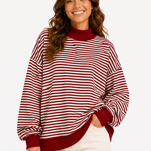 Trendy Horizontal Striped Mock Neck Sweatshirt Casual Loose Fit <b>Drop</b> Shoulder Pullover Custom Brand Collegiate Women Clothing - Product Image 1