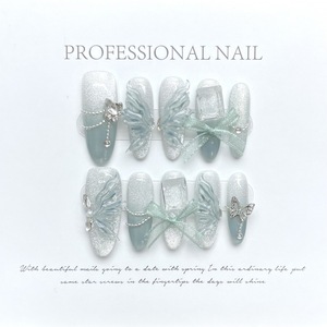Faux <span class=keywords><strong>ongles</strong></span> à presser faits main, effet papillon en jade vert, œil de chat effet slush, super brillants, féeriques, pour filles - Product Image 4