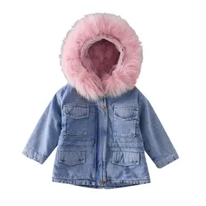 Зимние шерстяные детские пальто, розовые флисовые внутри, пушистые джинсовые куртки с капюшоном для маленьких девочек