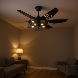 Ventilateur de plafond LED en fer noir de 52 pouces, 6 pales, design cage industrielle, vitesse réglable, silencieux, pour salon et salle à manger - Product Image 2