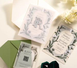 Carta di invito di nozze in acrilico trasparente con foglia verde elegante personalizzata ed elegante con nome d'argento Set di invito moderno - Product Image 3