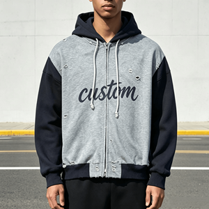 Sweat-shirt à capuche zippé personnalisé avec impression de lettres, style streetwear oversize pour homme, effet vintage usé - Product Image 1