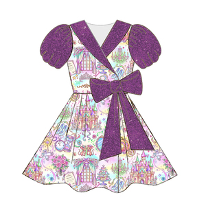 Robe pour filles en soie de lait à imprimé personnalisé, manches bouffantes, volants, col sans épaules, nœud, ODM OEM - Product Image 2