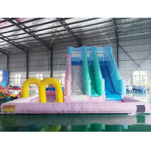 Toboggan aquatique gonflable <span class=keywords><strong>de</strong></span> couleur pastel <span class=keywords><strong>avec</strong></span> <span class=keywords><strong>piscine</strong></span> - Double voie, équipement <span class=keywords><strong>de</strong></span> jeu commercial en PVC pour enfants, <span class=keywords><strong>location</strong></span> pour fêtes d'été en plein air - Product Image 2
