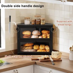 Bread Storage Box Double Layer Black With Handle For <b>Kitchen</b> Countertop Corner Storage - Product Image 2