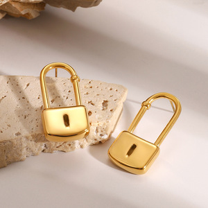 Yueli Lock Shape Gold <b>Stud</b> <b>Earrings</b> Geometric Design Unisex Everyday Wear - Product Image 3