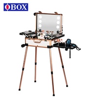 Valise de maquillage roulante en vente flash avec miroir LED, plateau extensible, pieds réglables, station de maquillage de vanité, studio, voyage