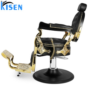 KISEN Black Faux Leather belmont Barber <b>Chair</b> with Gold Frame <b>Reclining</b> Adjustable Footrest Round Base Hydraulic Pump - Product Image 4