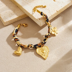 Fashionable Retro Printed Leopard Ribbon Knotted Rope Chain Gold Plated Heart <b>Flower</b> Pendant Stainless Steel <b>Bracelet</b> - Product Image 3