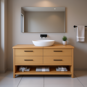 Meuble-lavabo de salle de bain en bois massif brun clair 63x15,7 pouces, design minimaliste, sur pied avec vasque en céramique - Product Image 2