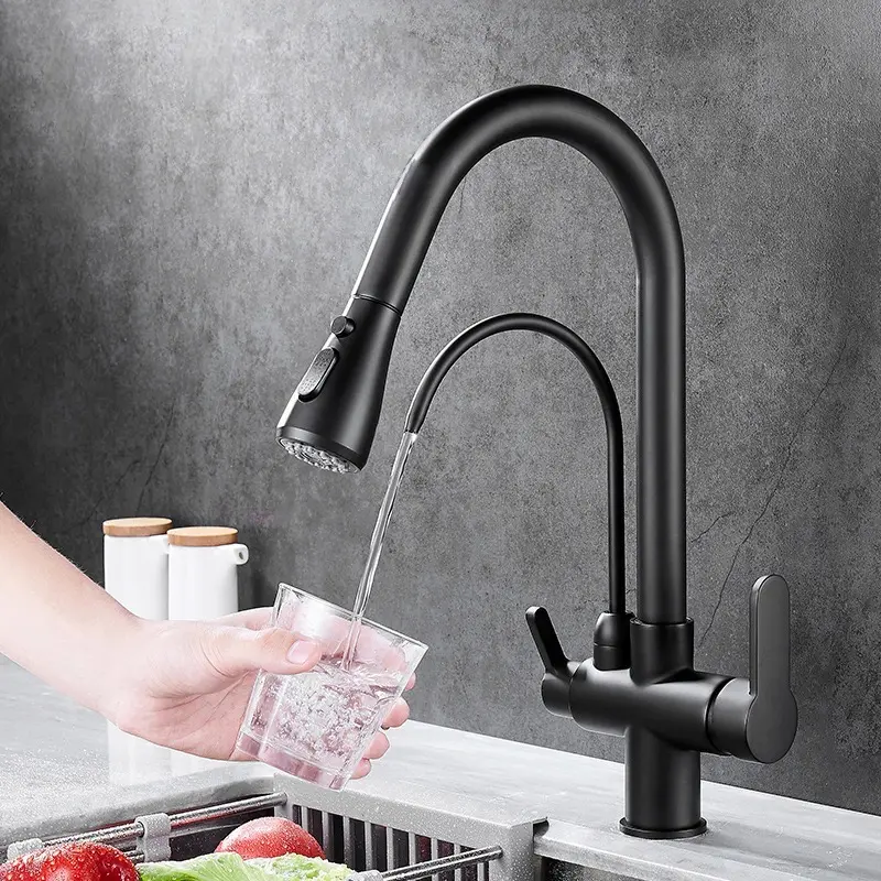 Luxury Household Drinking Water Filter Faucet Pull Out Brushed Brass Kitchen Mixer Faucet Quality Hot Cold Kitchen Mixer Tap