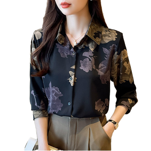 Blusa de Mujer Tejida con Estampado Floral de Otoño-Primavera, Estilo Vintage, Manga Larga, Casual, para Trabajo o Negocios, Corte Holgado - Product Image 1