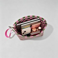 Tas Rajut Bergaris Wanita Retro Motif Kotak-kotak, Tas Penyimpanan Kosmetik Portabel, Tas Makeup Resleting dengan Tali Pergelangan Tangan