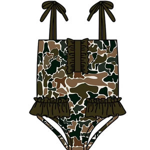 S0756 Maillot de bain personnalisé pour petite fille active, imprimé camouflage marron, vente en gros, ensemble 2 pièces à manches courtes - Product Image 1