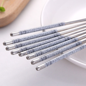 Baguettes en acier inoxydable, 4 pièces, manche en porcelaine bleue et blanche, antidérapantes, ensemble de couverts ménagers - Product Image 4