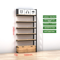 Étagère de présentation robuste en fer et bois noir mat avec logo personnalisé, armoire de rangement, support mural réglable
